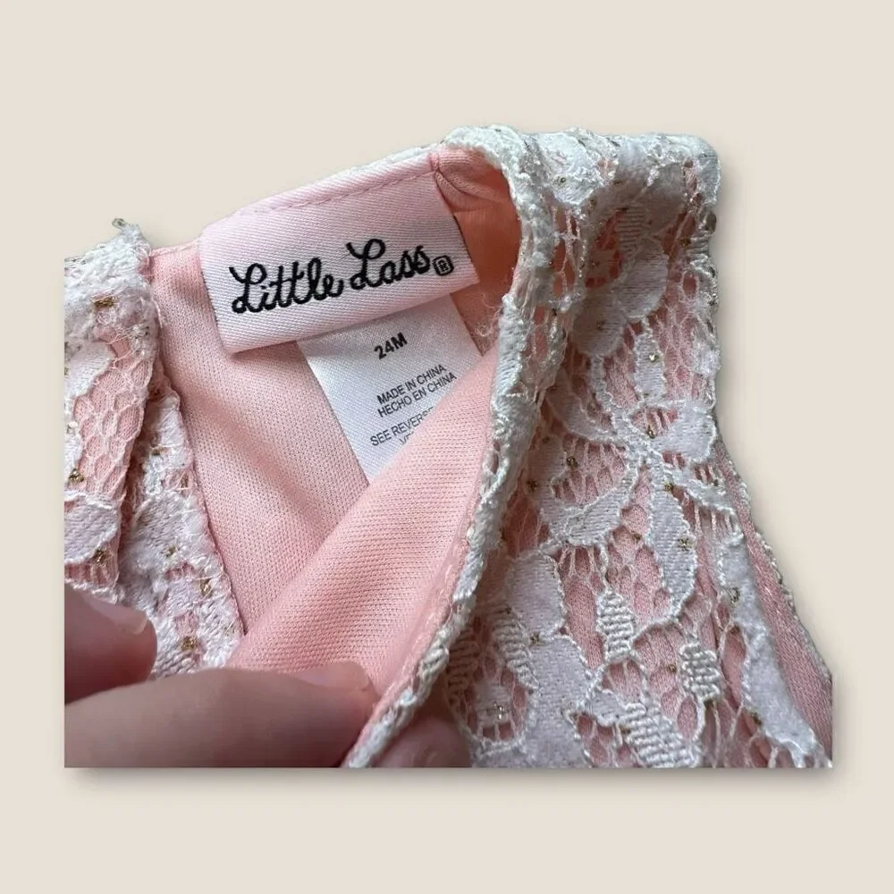 Little Lass Pink Lace-Accent Rosette-Skirt A-Line Dress‎